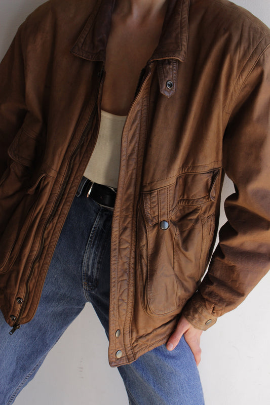 Vintage Cocoa Leather Bomber Jacket