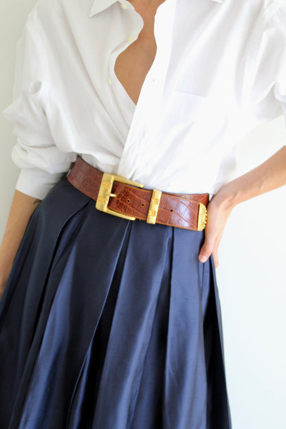 Ornate Vintage Cognac Embossed Leather Belt