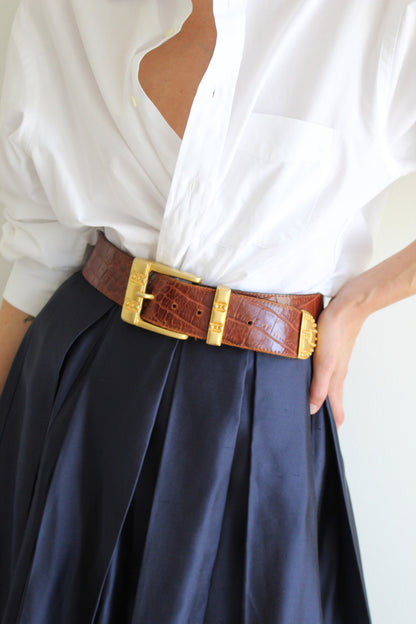 Ornate Vintage Cognac Embossed Leather Belt
