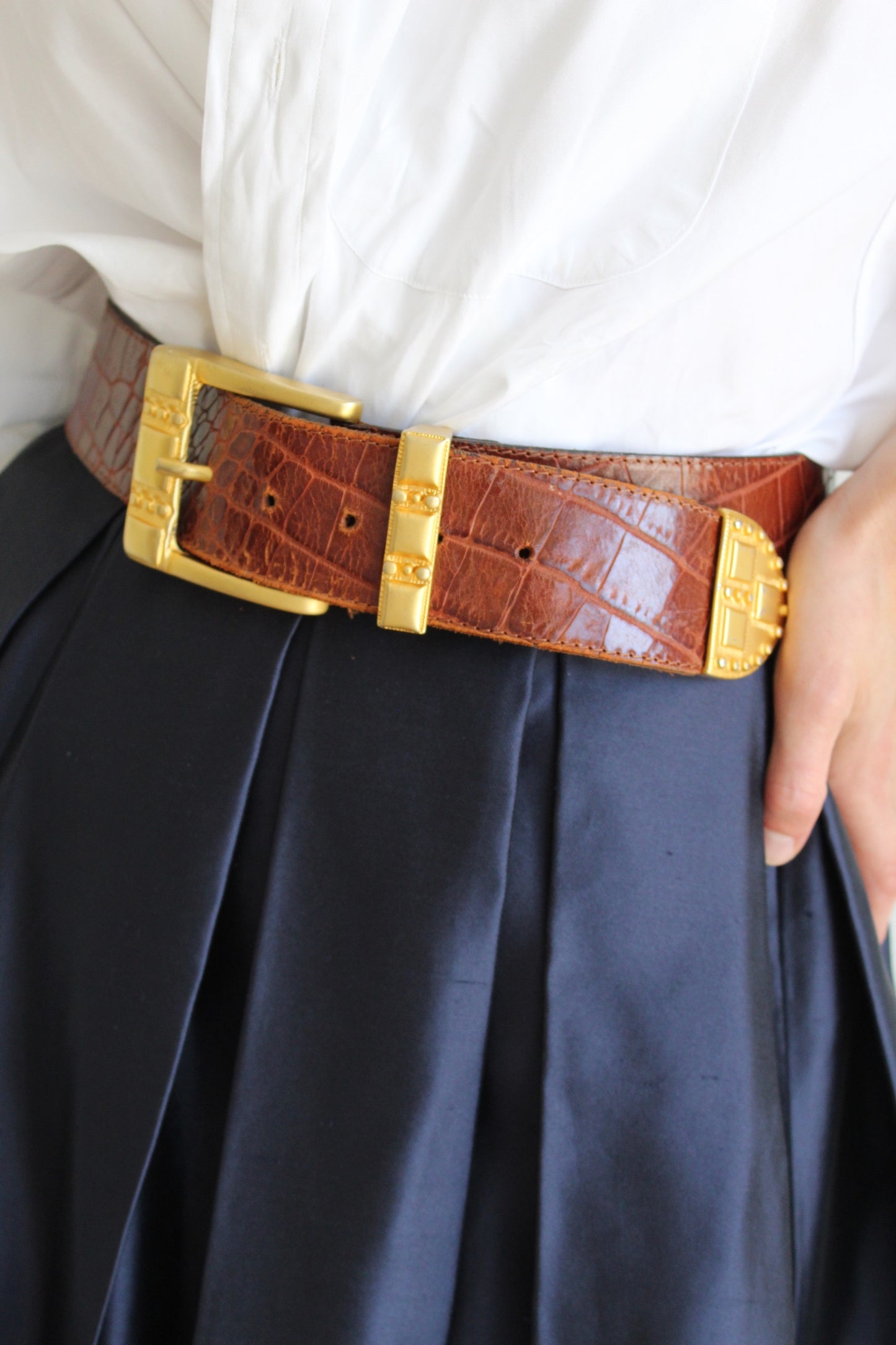 Ornate Vintage Cognac Embossed Leather Belt