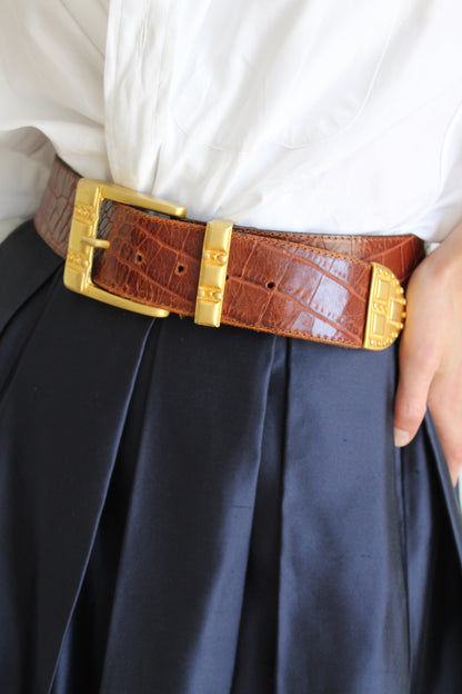 Ornate Vintage Cognac Embossed Leather Belt