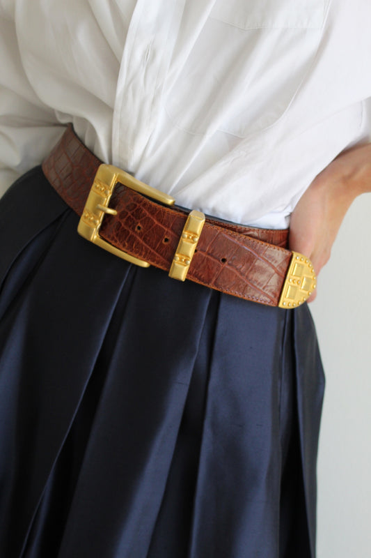Ornate Vintage Cognac Embossed Leather Belt