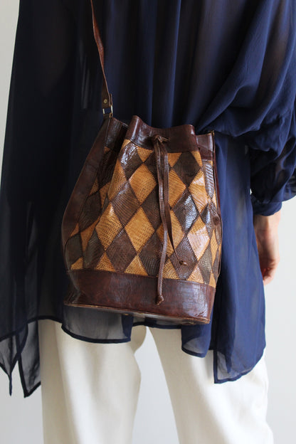 Vintage Cocoa Leather & Snakeskin Patchwork Bucket Bag