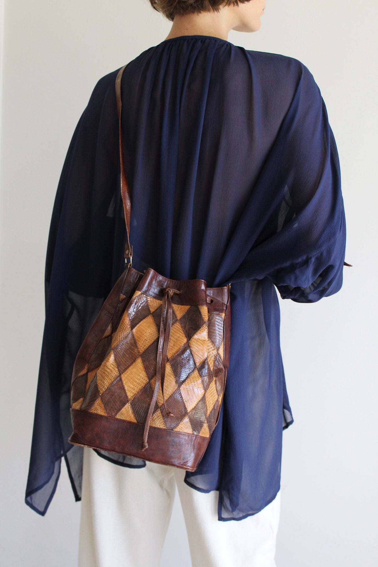 Vintage Cocoa Leather & Snakeskin Patchwork Bucket Bag