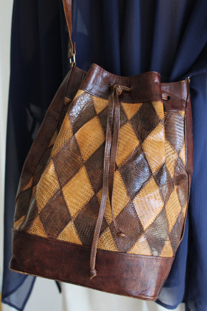 Vintage Cocoa Leather & Snakeskin Patchwork Bucket Bag