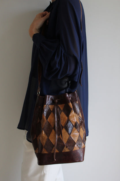 Vintage Cocoa Leather & Snakeskin Patchwork Bucket Bag