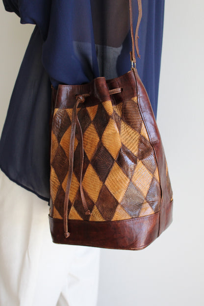 Vintage Cocoa Leather & Snakeskin Patchwork Bucket Bag