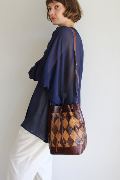Vintage Cocoa Leather & Snakeskin Patchwork Bucket Bag