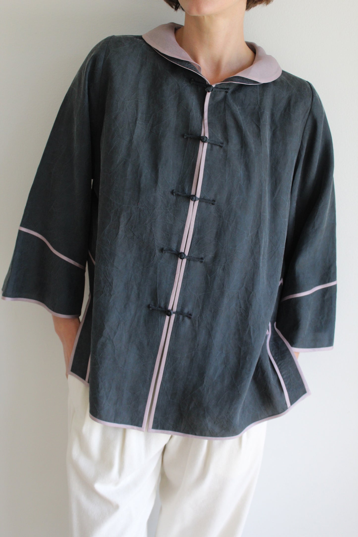 Vintage Smoke & Lavender Accented Silk Blouse
