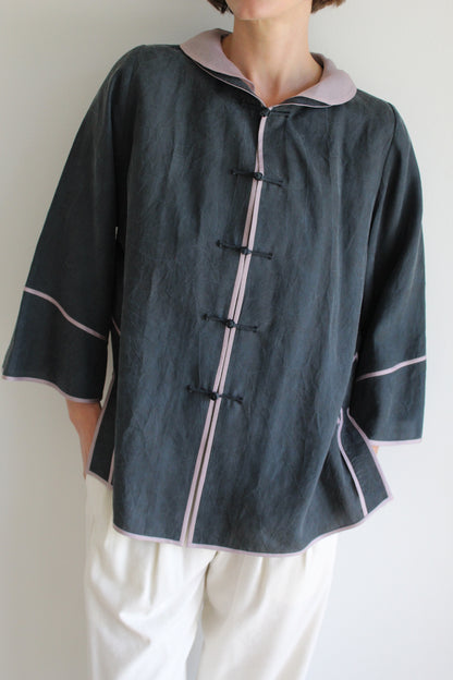 Vintage Smoke & Lavender Accented Silk Blouse