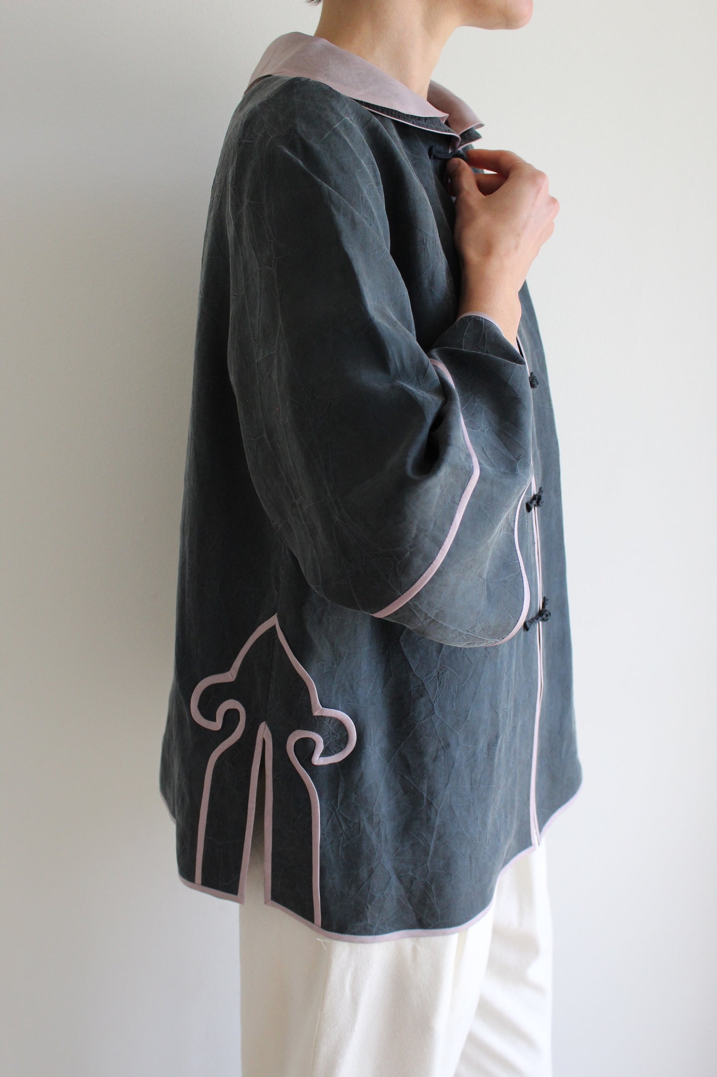 Vintage Smoke & Lavender Accented Silk Blouse