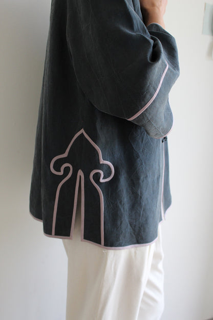 Vintage Smoke & Lavender Accented Silk Blouse