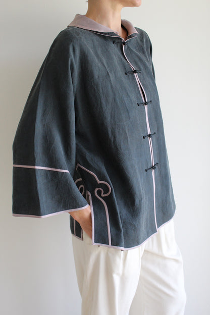 Vintage Smoke & Lavender Accented Silk Blouse