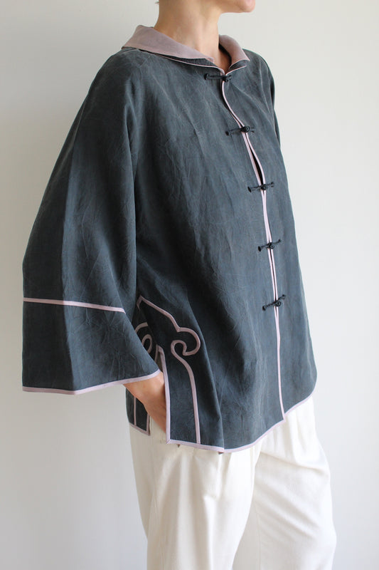 Vintage Smoke & Lavender Accented Silk Blouse