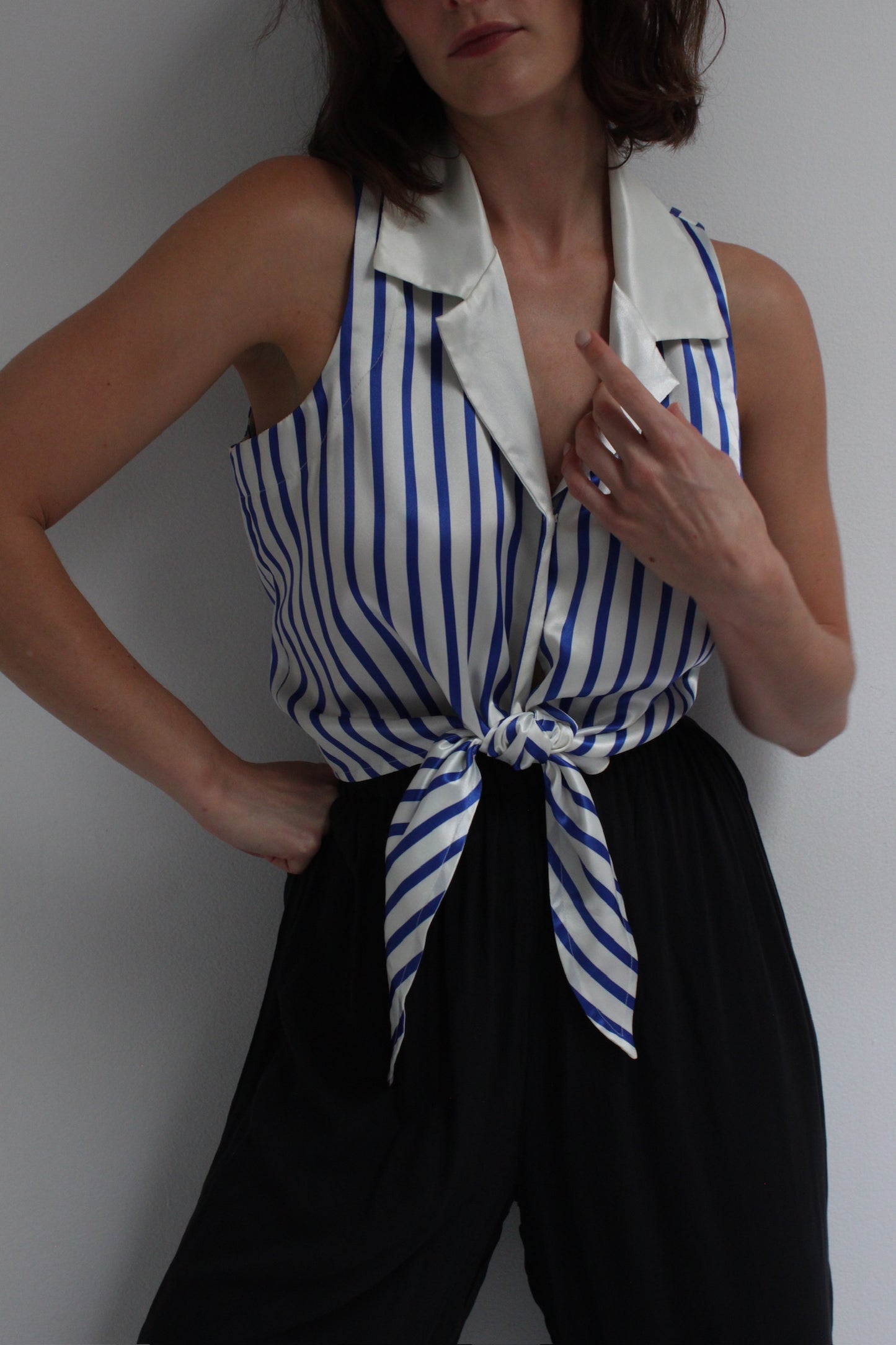 90s Ocean Striped Satin Tie Blouse