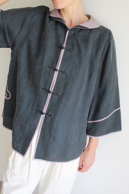 Vintage Smoke & Lavender Accented Silk Blouse