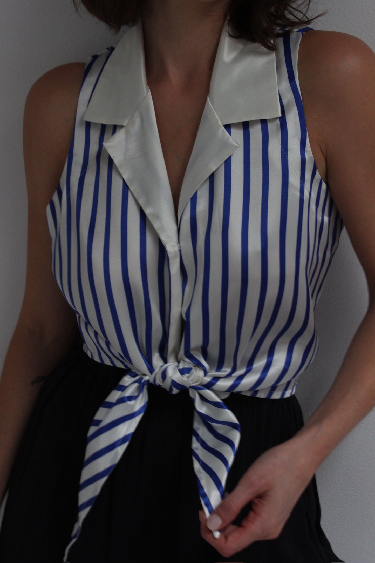 90s Ocean Striped Satin Tie Blouse