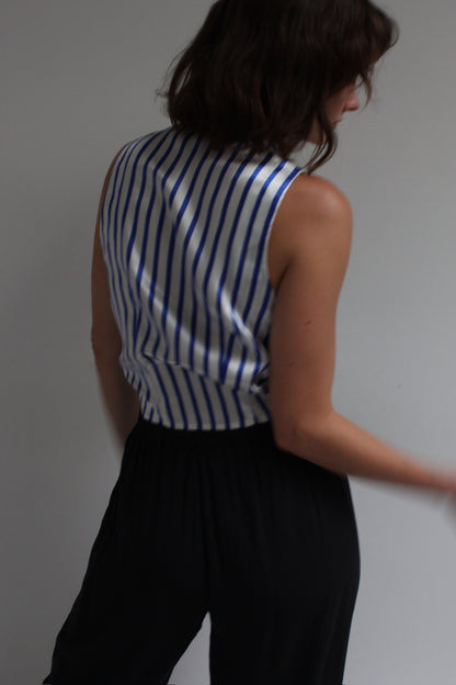 90s Ocean Striped Satin Tie Blouse