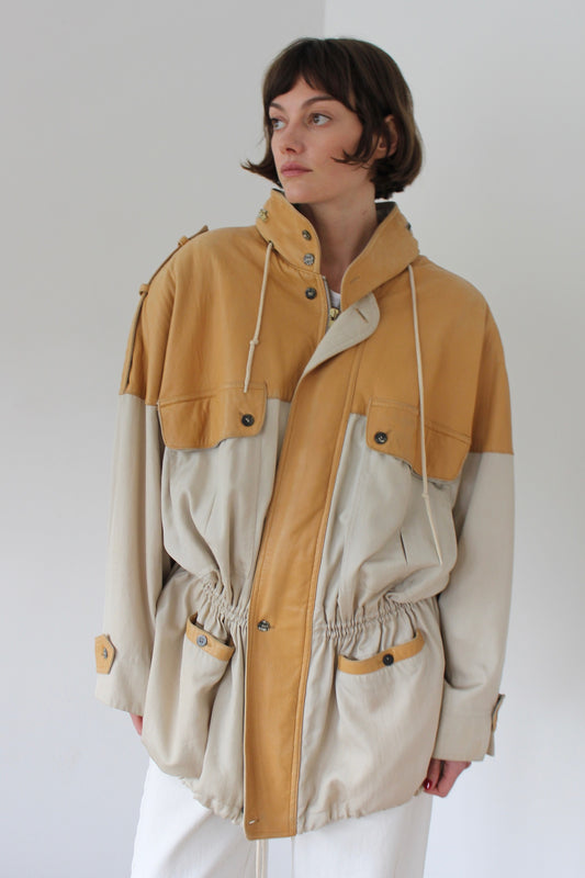 Incredible Vintage Leather Accent Twill Coat
