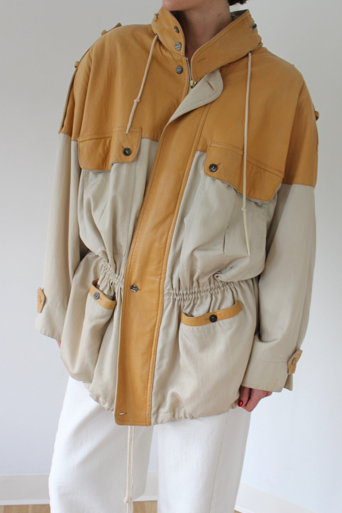 Incredible Vintage Leather Accent Twill Coat