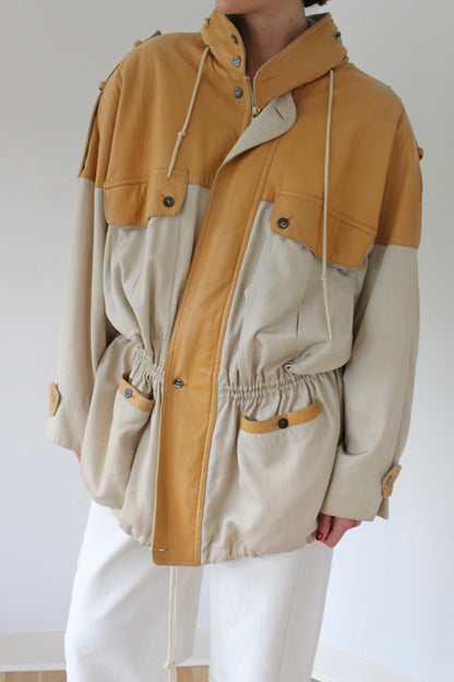 Incredible Vintage Leather Accent Twill Coat