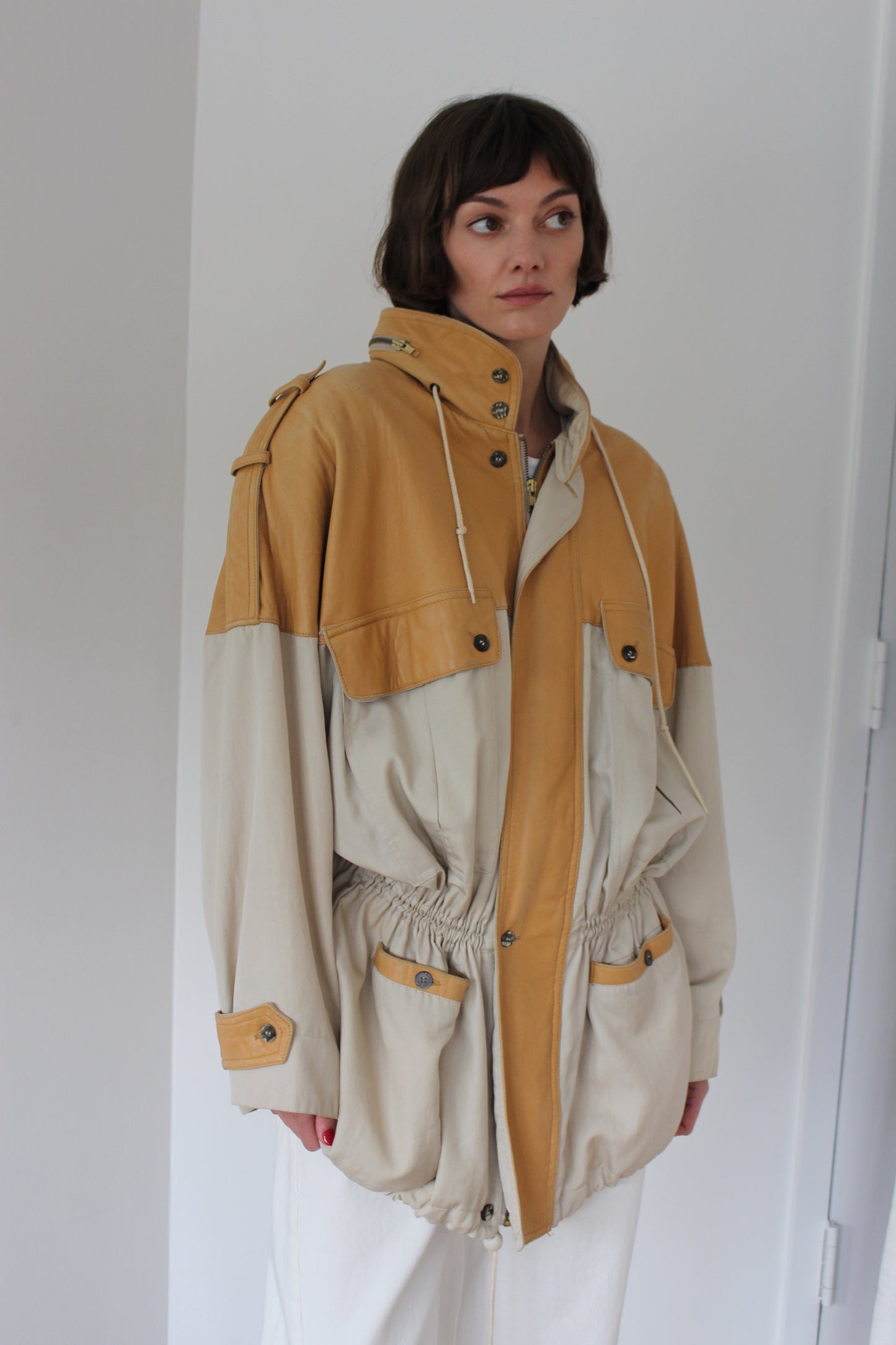 Incredible Vintage Leather Accent Twill Coat