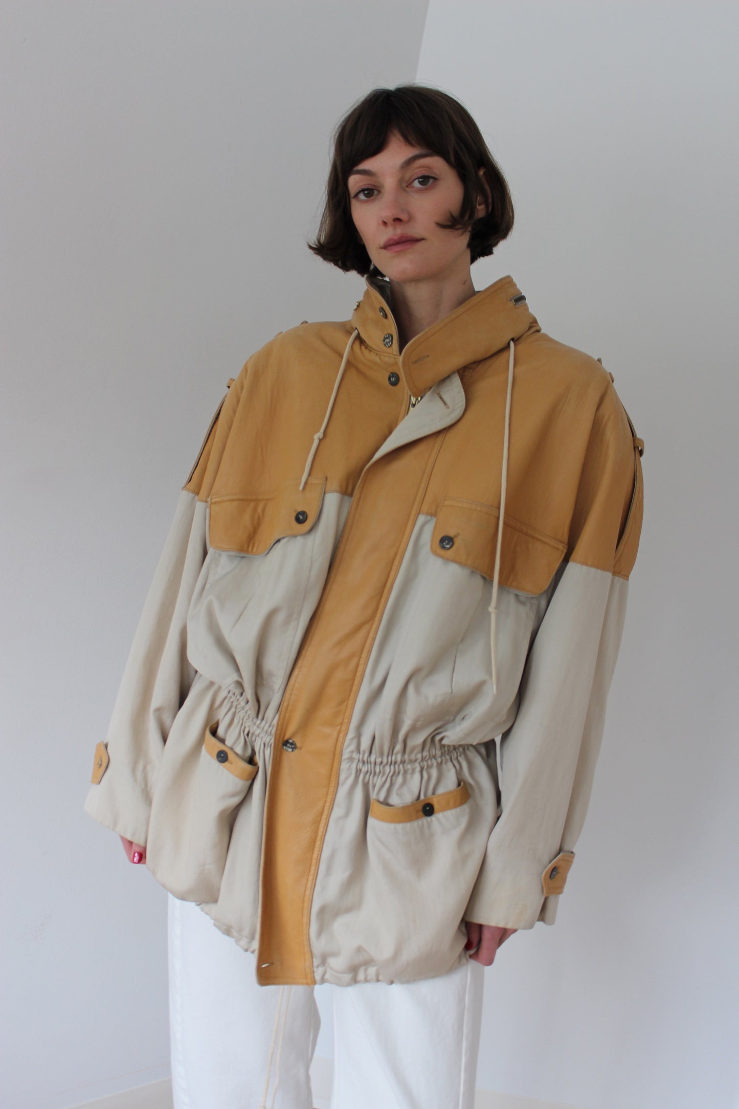 Incredible Vintage Leather Accent Twill Coat