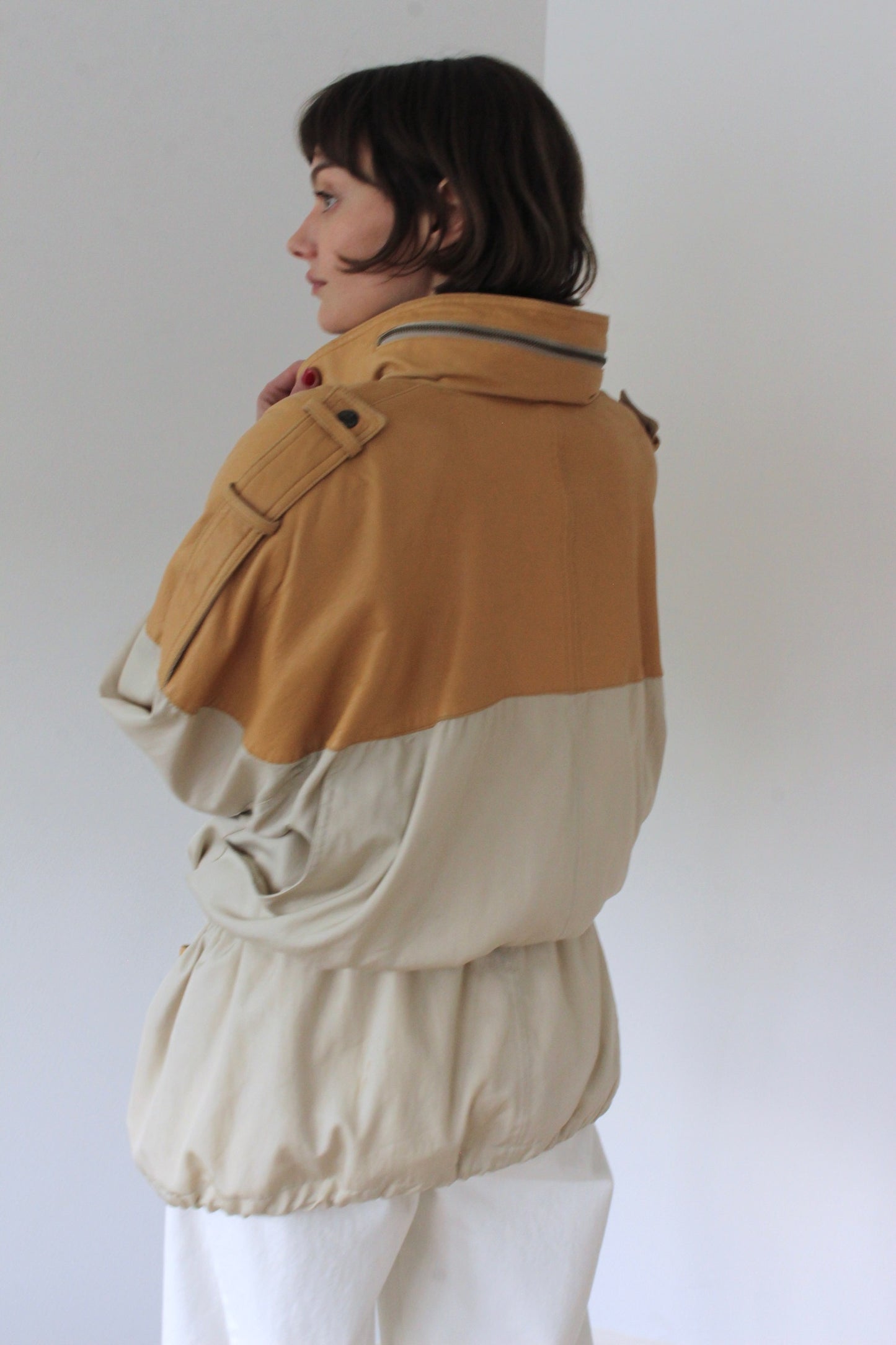 Incredible Vintage Leather Accent Twill Coat
