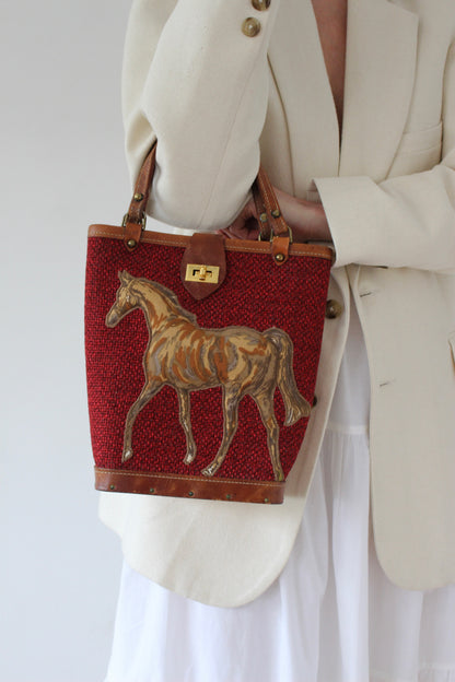 Vintage Hand Painted Horse Embroidered Burlap Handbag