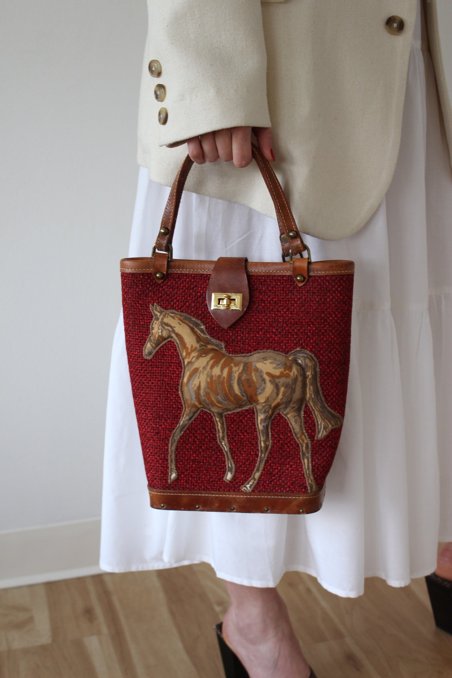 Vintage Hand Painted Horse Embroidered Burlap Handbag