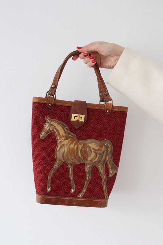 Vintage Hand Painted Horse Embroidered Burlap Handbag