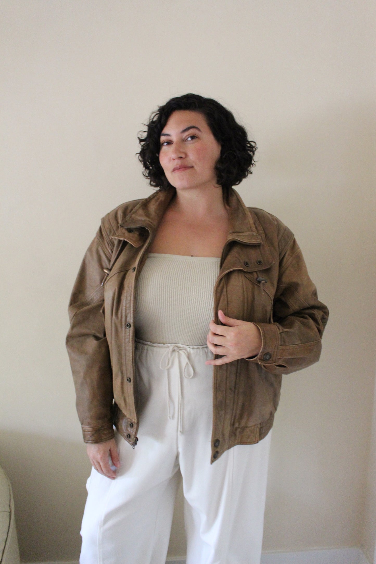 Vintage Cocoa Brown Leather Bomber Jacket