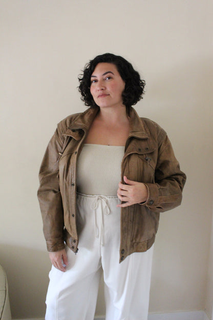 Vintage Cocoa Brown Leather Bomber Jacket