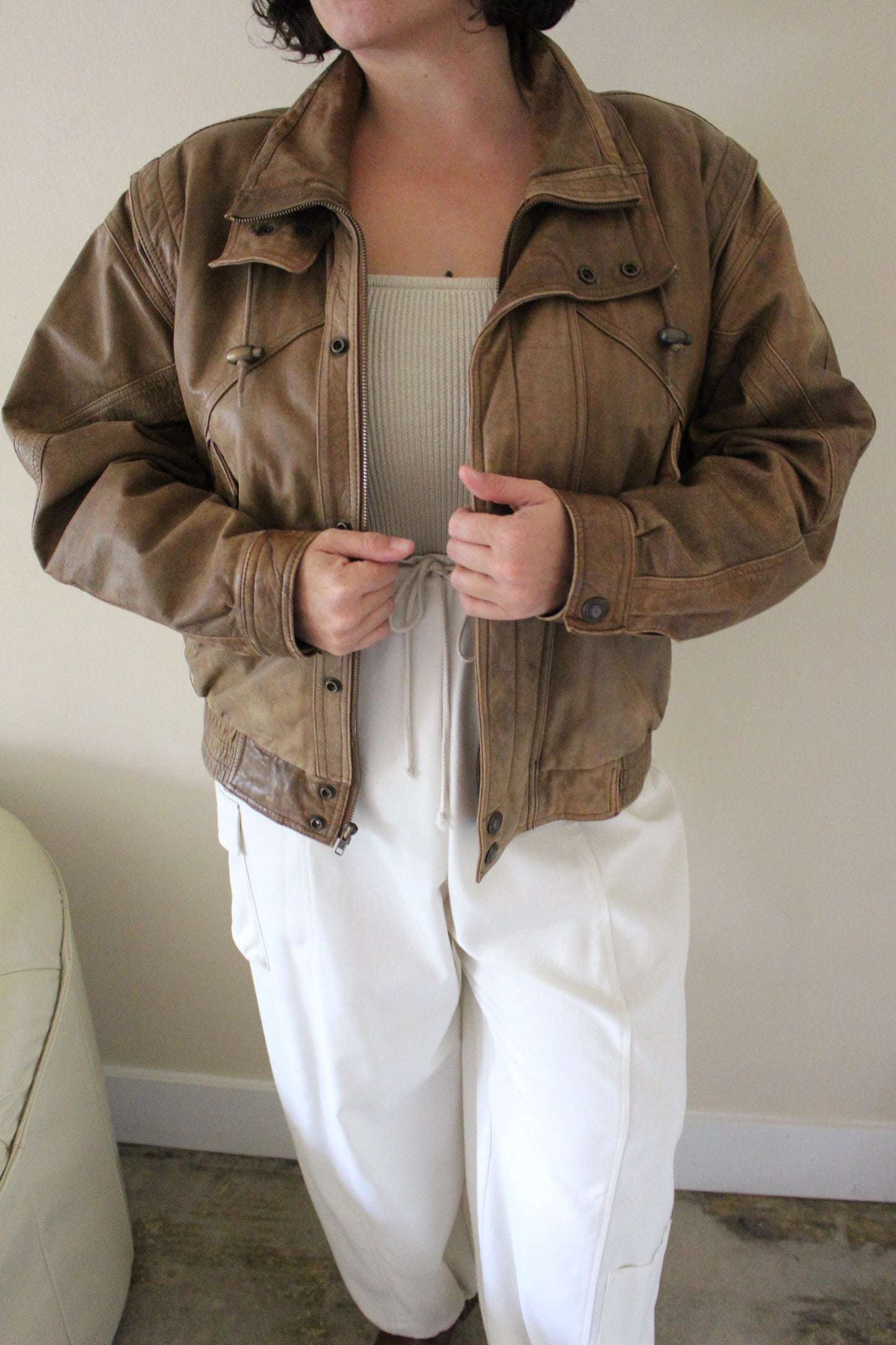 Vintage Cocoa Brown Leather Bomber Jacket