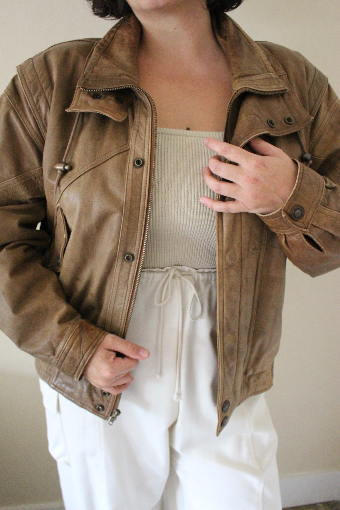Vintage Cocoa Brown Leather Bomber Jacket