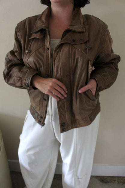 Vintage Cocoa Brown Leather Bomber Jacket