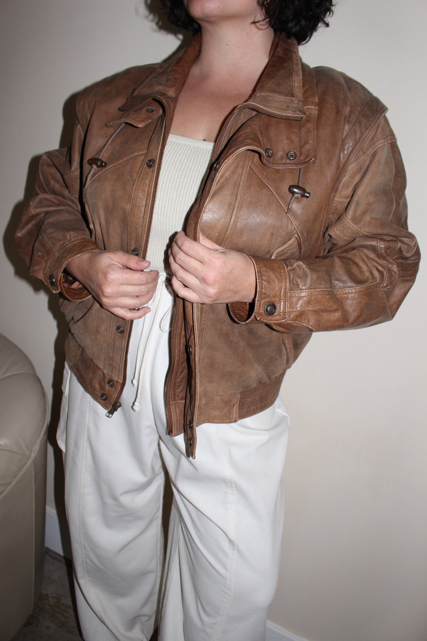 Vintage Cocoa Brown Leather Bomber Jacket