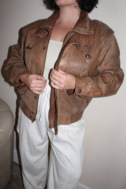 Vintage Cocoa Brown Leather Bomber Jacket