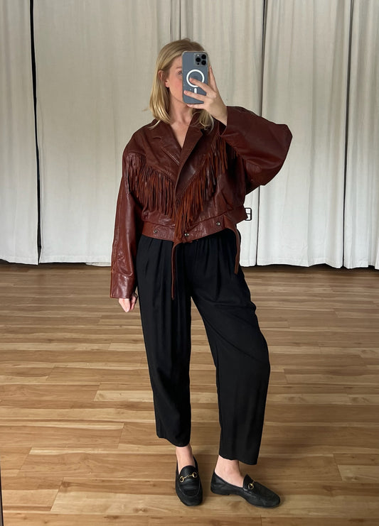 Vintage Cognac Leather Fringe Cropped Jacket
