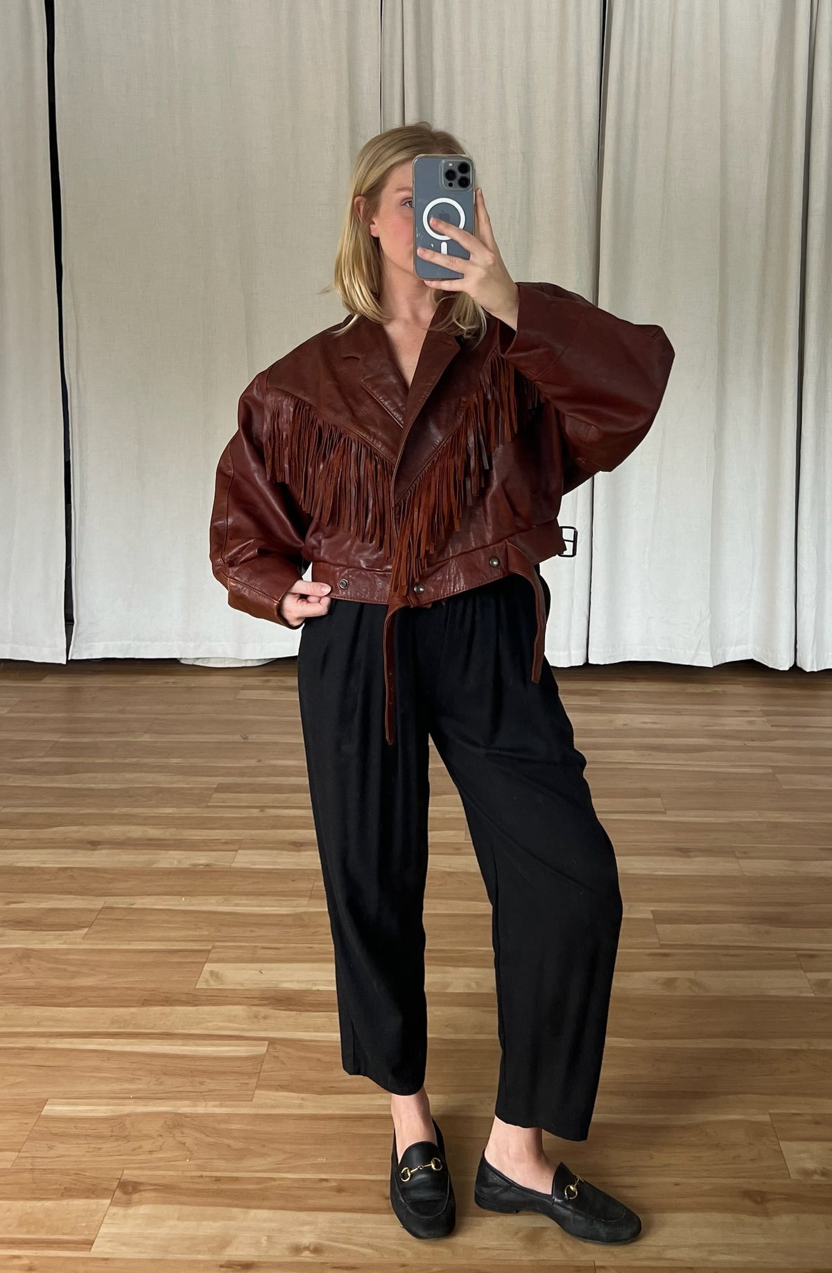 Vintage Cognac Leather Fringe Cropped Jacket