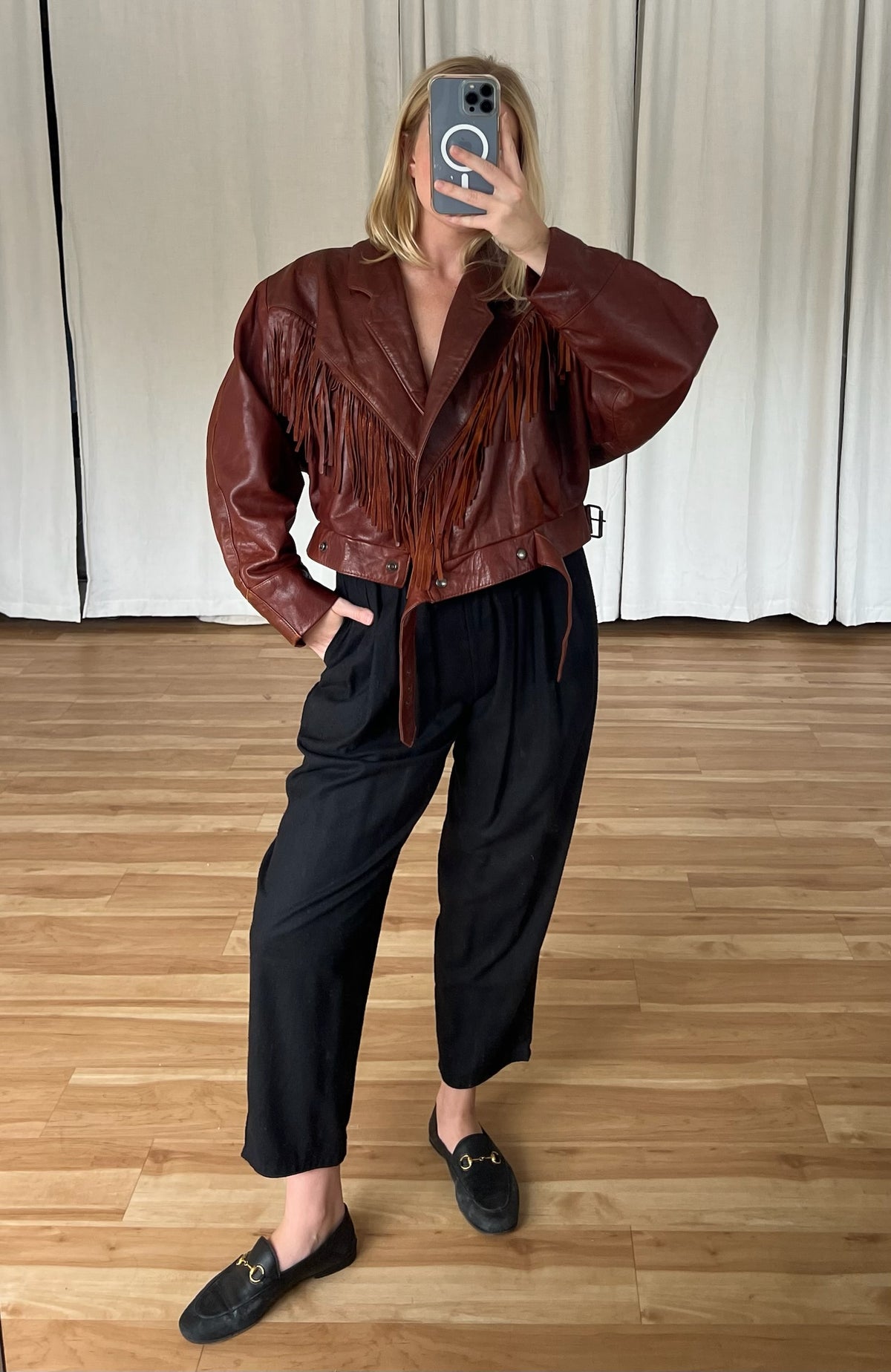 Vintage Cognac Leather Fringe Cropped Jacket