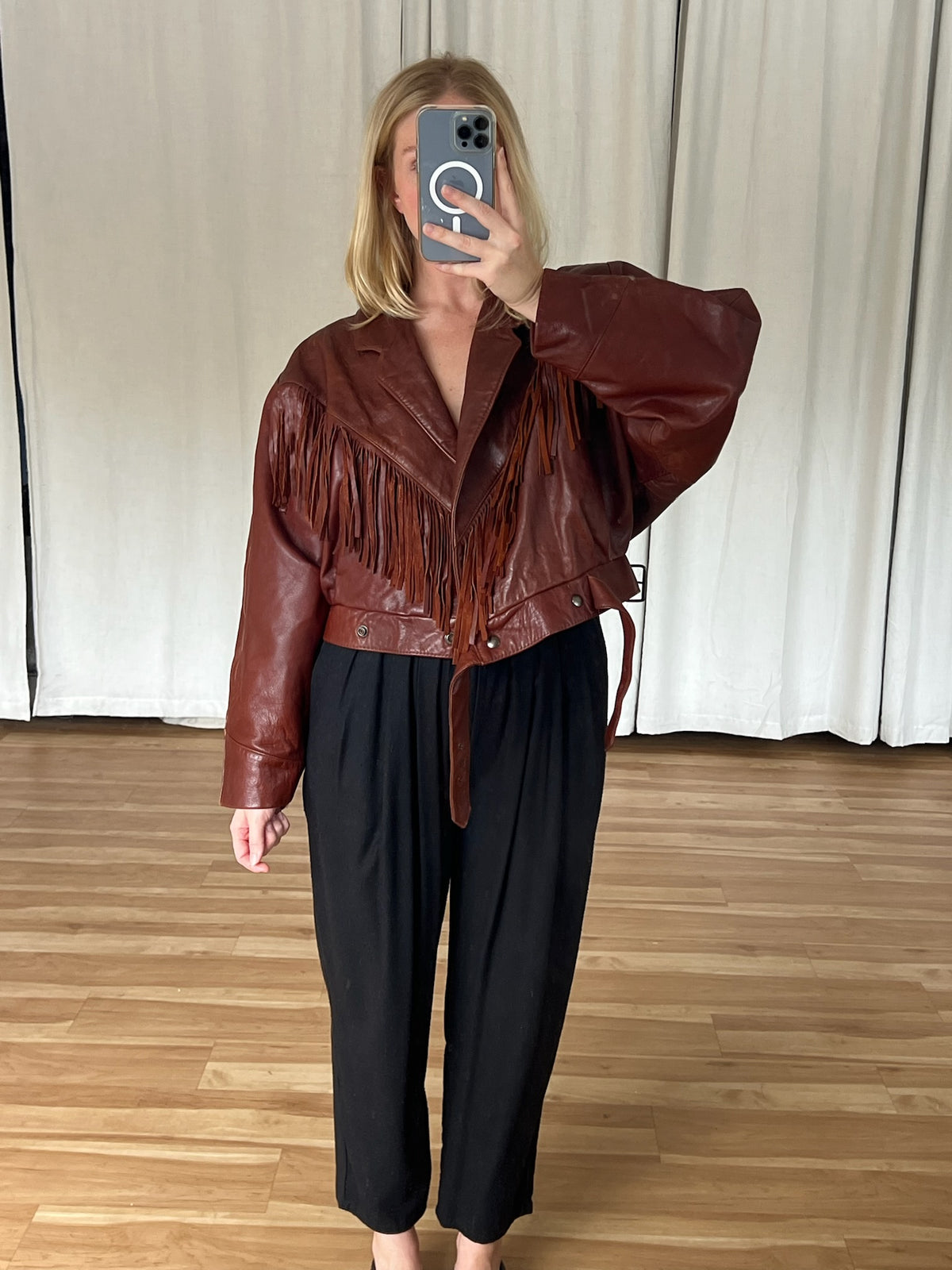 Vintage Cognac Leather Fringe Cropped Jacket