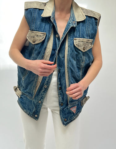 Amazing Vintage Guess Denim & Leather Snap Vest