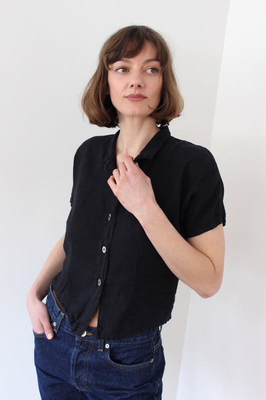 90s Cropped Black Linen Top
