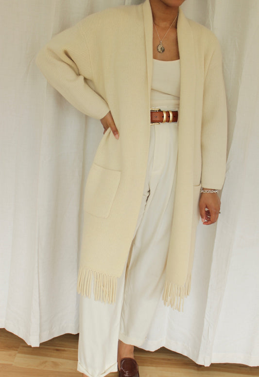 Vintage Creme Lambswool & Angora Fringe Knit Duster