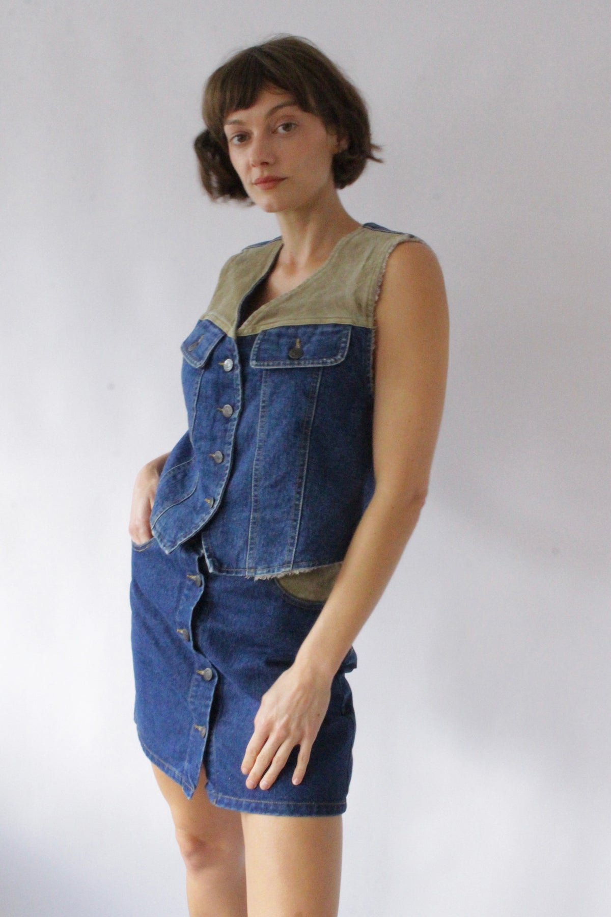 Vintage Denim & Suede Vest & Skirt Set
