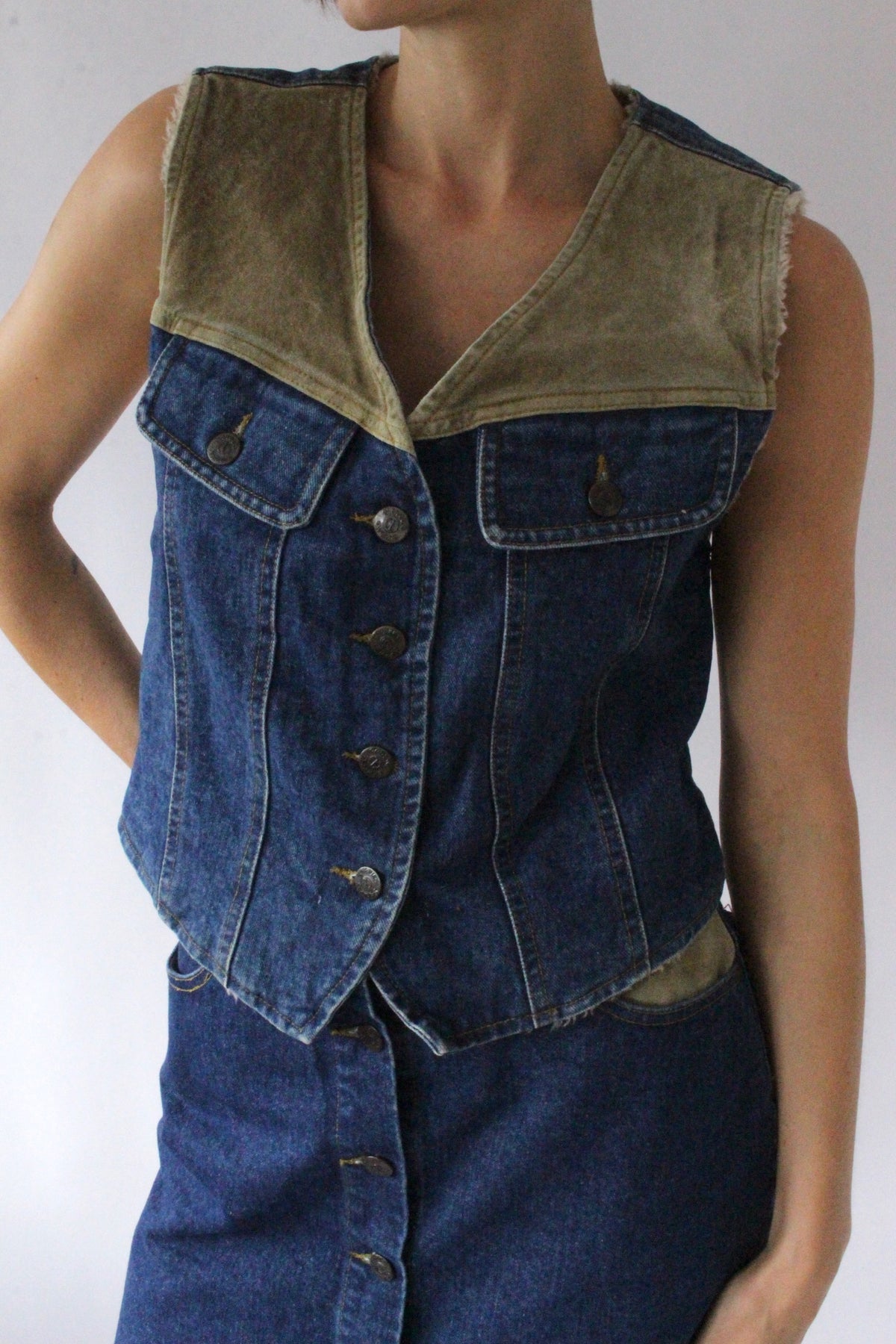 Vintage Denim & Suede Vest & Skirt Set