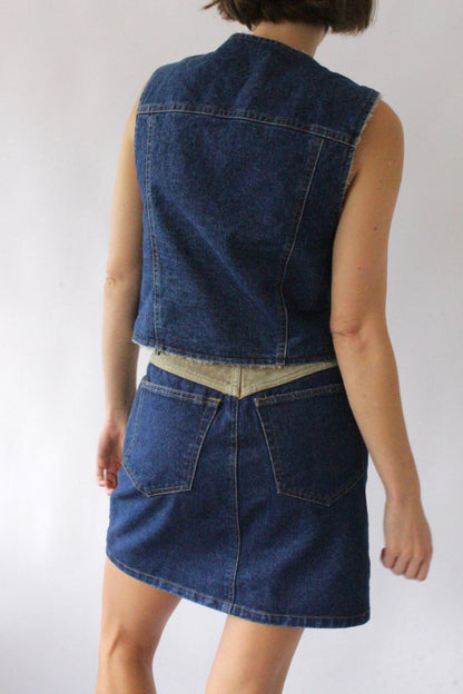 Vintage Denim & Suede Vest & Skirt Set