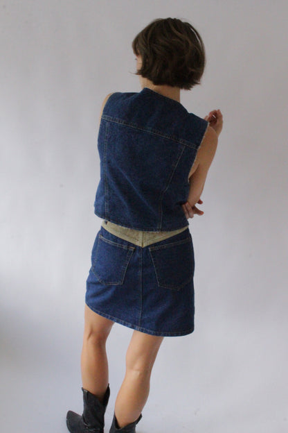 Vintage Denim & Suede Vest & Skirt Set