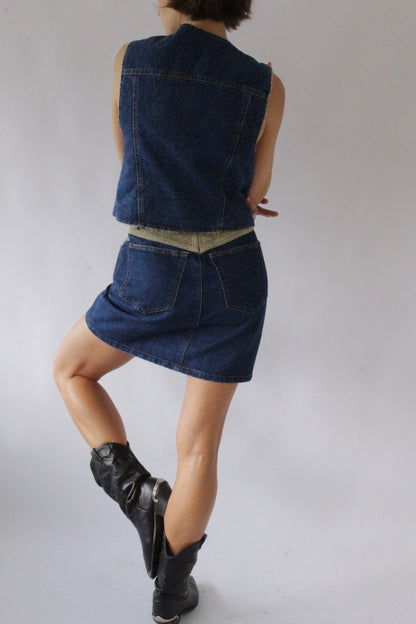Vintage Denim & Suede Vest & Skirt Set